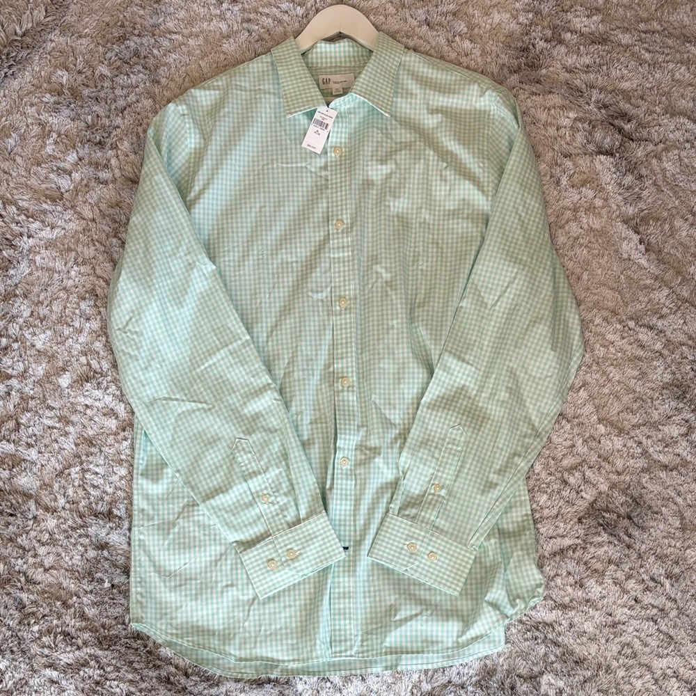 GAP Men’s Mint Green Checkered Dress Shirt XL Tall Slim Fit Non-Iron Stretch